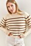 Women's White Brown Cufflink Striped Knitwear Sweater 20223251 - 5