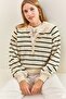 Women's Beige Emerald Collar Knitted Turtleneck Striped Sweater 20223207 - 3