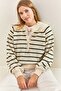 Women's Beige Emerald Collar Knitted Turtleneck Striped Sweater 20223207 - 4