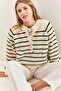 Women's Beige Emerald Collar Knitted Turtleneck Striped Sweater 20223207 - 5