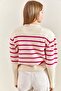 Women's White Fuchsia Cufflinks Striped Knitwear Sweater 20223251 - 3