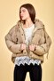 Women's Beige Oversize Hooded Short Puffer Coat with Drawstring at the Bottom