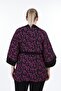 Black Fuchsia Kimono with Tie Front and Buttoned Sleeves and Wide Small Flowers - 4