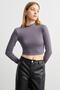 Women's Gray Half Turtleneck Crop Blouse - 2