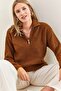 Women's Brown Zippered Turtleneck Oversize Knitwear Sweater 20223202