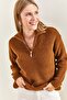 Women's Brown Zippered Turtleneck Oversize Knitwear Sweater 20223202 - 2