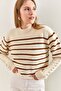 Women's White Brown Cufflink Striped Knitwear Sweater 20223251 - 3