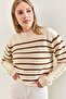Women's White Brown Cufflink Striped Knitwear Sweater 20223251 - 7