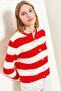Women's White Red Metal Buttoned Thick Striped Knitwear Cardigan 20223260 - 4