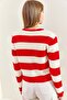 Women's White Red Metal Buttoned Thick Striped Knitwear Cardigan 20223260 - 5