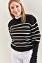 Women's Black Beige Cufflink Striped Knitwear Sweater 20223251 - 7