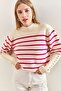 Women's White Fuchsia Cufflinks Striped Knitwear Sweater 20223251 - 4