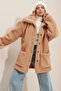 Women's Tan Polo Collar Double Pocket Buttoned Front Plush Coat ALC-X9681