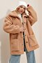 Women's Tan Polo Collar Double Pocket Buttoned Front Plush Coat ALC-X9681 - 3