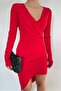 Flexible Sandy Fabric Long Sleeve Double Breasted Collar Red Asymmetrical Cut Mini Evening Dress 10114