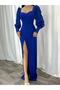 Sax Blue Flexible Fabric Elegant Long Dress with Low-cut Chest and Deep Slit Evening Dress 112 581913 - 3