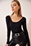 Women's Black U-Neck Ribbed Knitted Blouse GT00212 - 2