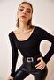 Women's Black U-Neck Ribbed Knitted Blouse GT00212 - 3