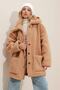 Women's Tan Polo Collar Double Pocket Buttoned Front Plush Coat ALC-X9681 - 2