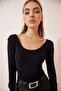 Women's Black U-Neck Ribbed Knitted Blouse GT00212 - 4