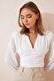 Women's Ecru Deep V-Neck Crop Sandy Knitted Blouse BF00050 - 3
