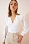 Women's Ecru Deep V-Neck Crop Sandy Knitted Blouse BF00050 - 4