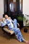 Blue Patterned Satin Kimono Trousers Set