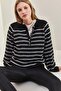 Women's Black Gray Collared Knitted Turtleneck Striped Sweater 20223207