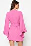 Pembe Dokuma Plaj Mini Kuşaklı Kimono&Kaftan TBESS21KM0002 - 5