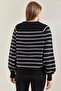 Women's Black Gray Collared Knitted Turtleneck Striped Sweater 20223207 - 2