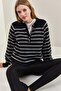Women's Black Gray Collared Knitted Turtleneck Striped Sweater 20223207 - 4