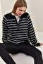 Women's Black Gray Collared Knitted Turtleneck Striped Sweater 20223207 - 5