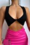 Women's Black Front Tie Knitwear Crop Blouse 6572