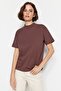 Kahverengi-Bej 2'li Paket %100 Pamuk Basic Dik Yaka Örme T-Shirt TWOSS20TS1500 - 2
