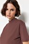 Kahverengi-Bej 2'li Paket %100 Pamuk Basic Dik Yaka Örme T-Shirt TWOSS20TS1500 - 3