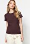Kahverengi-Bej %100 Pamuk 2'li Paket Basic Bisiklet Yaka Örme T-Shirt TWOSS20TS0141 - 2