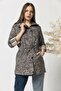 Women's High Collar Leopard Patterned Midi Size Raincoat with Pockets