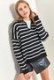 Women's Black and White Polo Collar Striped Oversize Knitwear Sweater 20223262