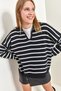 Women's Black and White Polo Collar Striped Oversize Knitwear Sweater 20223262 - 2