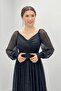 Glitter Fabric Belted Evening Dress - Black - 4