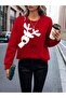 Deer Printed New Year's Crew Neck Red Sweatshirt