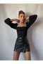 Women's Black Leather Shorts Skirt with Fleece Inside - 2