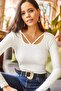 Women's Ecru Roba Detailed Lycra Corded Blouse BLZ-19002098