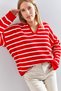 Women's Red and White Polo Collar Striped Oversize Knitwear Sweater 20223262