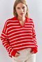 Women's Red and White Polo Collar Striped Oversize Knitwear Sweater 20223262 - 4