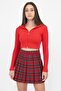 Women's Red Hooded Zipper Front Ribbed Knitted Crop Blouse