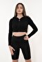 Women's Black Hooded Zipper Front Ribbed Knitted Crop Blouse - 2
