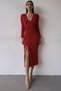 Women's Red Crepe Fabric Slit and Drape Detailed V-Neck Long Sleeve Midi Evening Dress 150