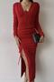 Women's Red Crepe Fabric Slit and Drape Detailed V-Neck Long Sleeve Midi Evening Dress 150 - 7