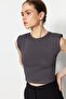 Anthracite Padded Fitted Crew Neck Crop Stretchy Knitted Blouse TWOSS23BZ00251 - 3